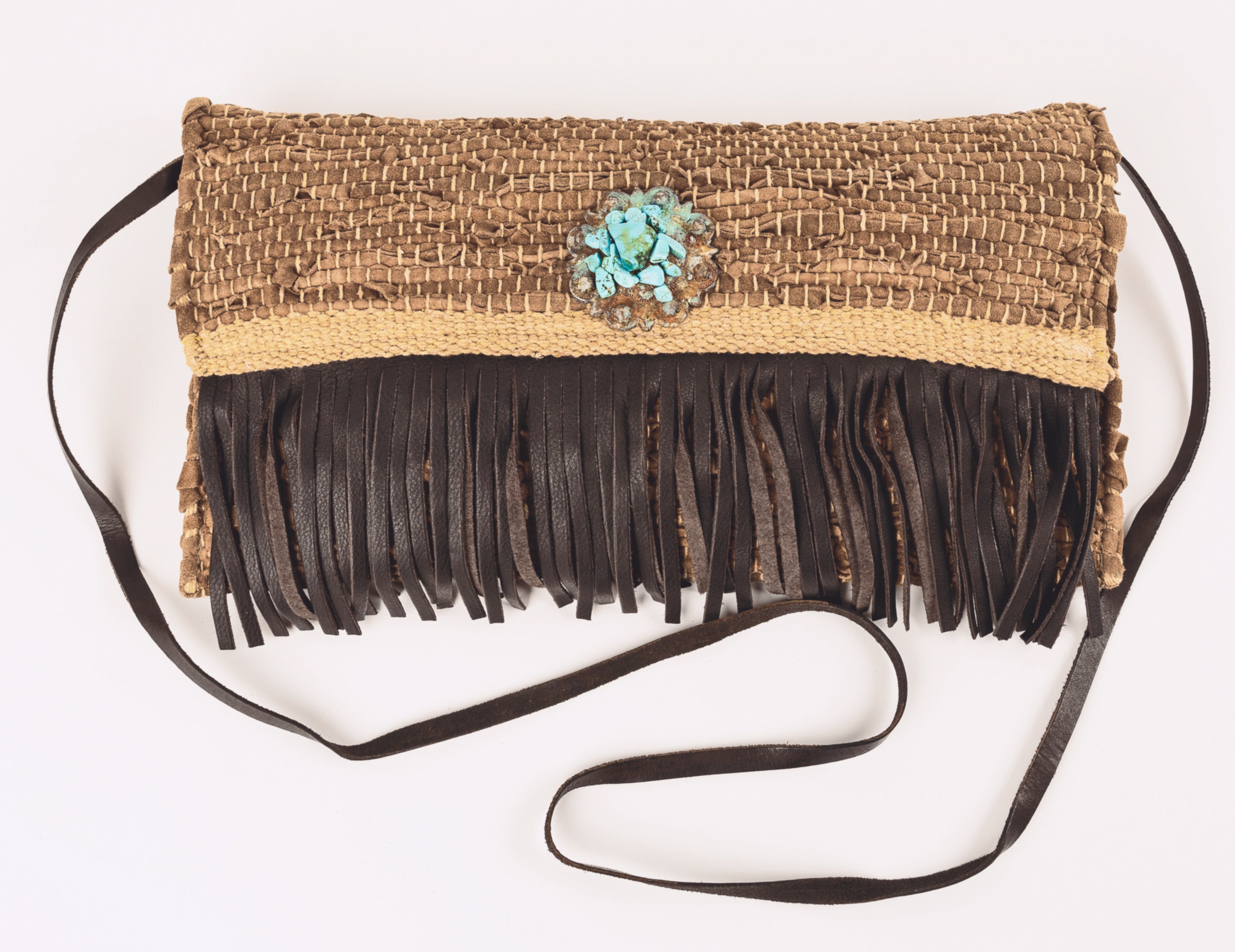 Cross body Woven tan leather with patina concho